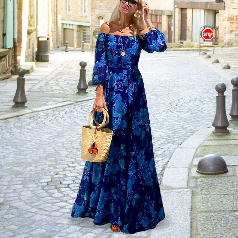 Elegante, sin hombro, fluido, vestido largo con presión floral para mujeres