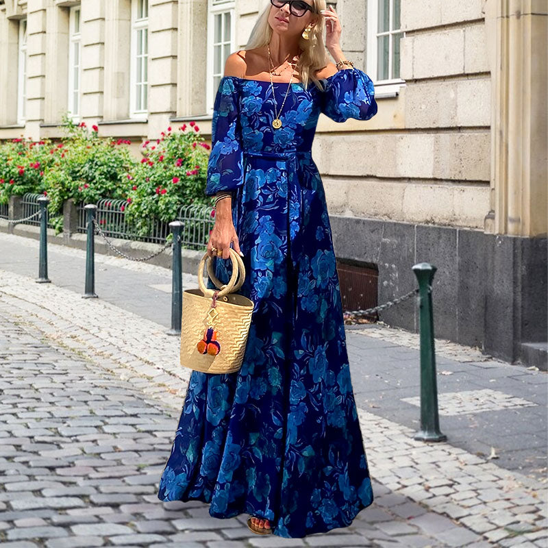 Elegante, sin hombro, fluido, vestido largo con presión floral para mujeres