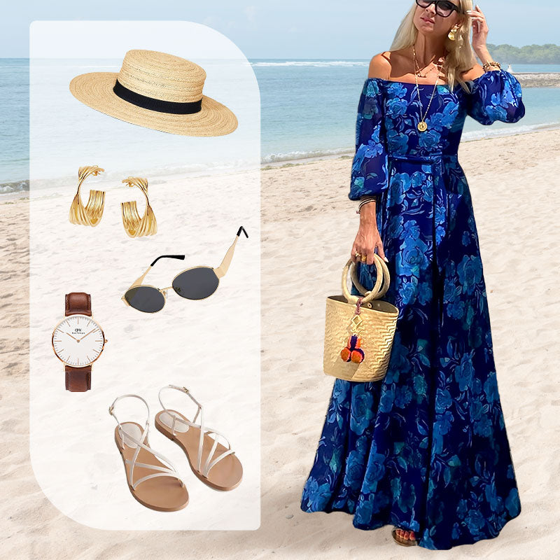 Elegante, sin hombro, fluido, vestido largo con presión floral para mujeres