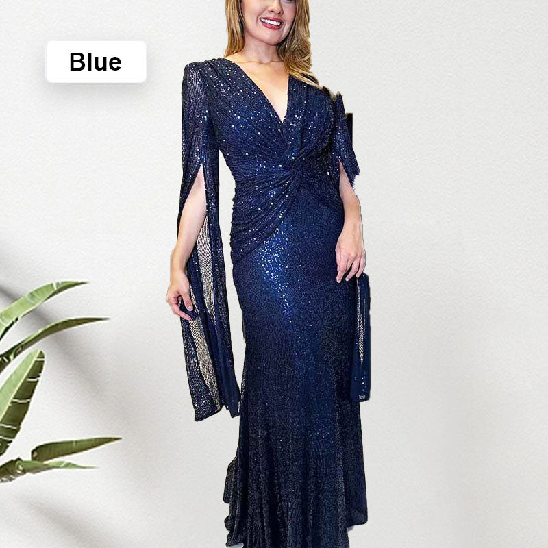 👑Königin der Party✨Paillettenbesetztes Abendkleid mit V-Ausschnitt und plissiertem Saum