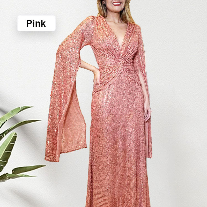 👑Königin der Party✨Paillettenbesetztes Abendkleid mit V-Ausschnitt und plissiertem Saum