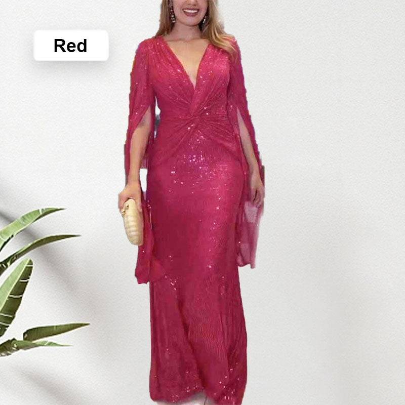 👑Königin der Party✨Paillettenbesetztes Abendkleid mit V-Ausschnitt und plissiertem Saum