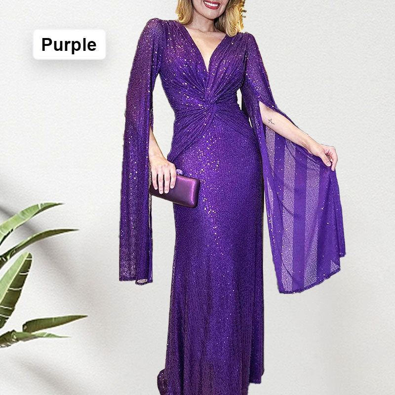 👑Königin der Party✨Paillettenbesetztes Abendkleid mit V-Ausschnitt und plissiertem Saum