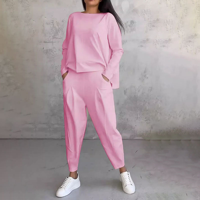 🔥Conjunto de 2 piezas de top y pantalón con cuello redondo y mangas largas