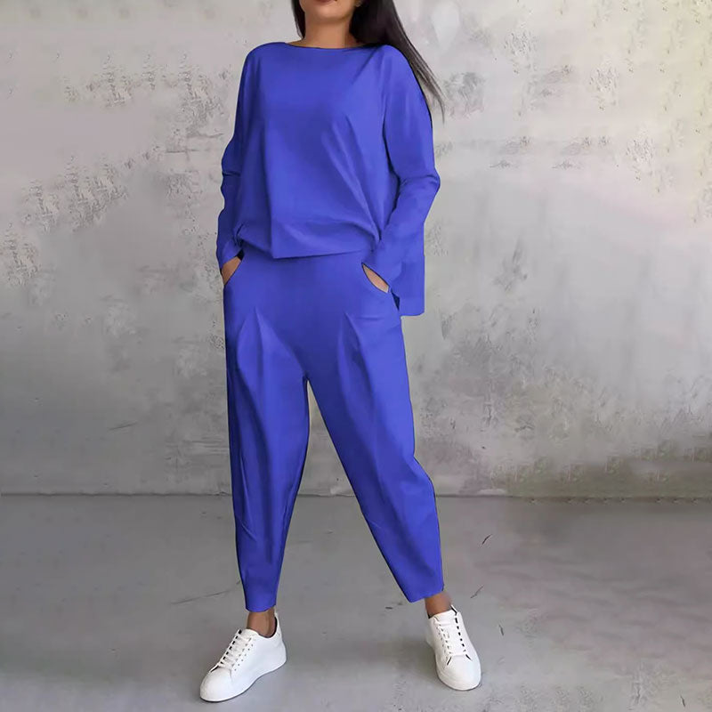 🔥Conjunto de 2 piezas de top y pantalón con cuello redondo y mangas largas