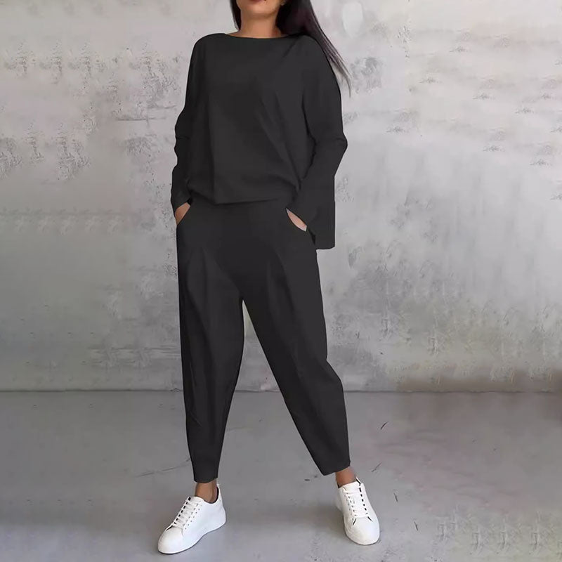 🔥Conjunto de 2 piezas de top y pantalón con cuello redondo y mangas largas