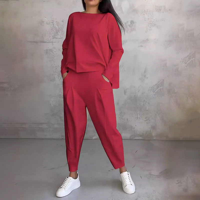🔥Conjunto de 2 piezas de top y pantalón con cuello redondo y mangas largas