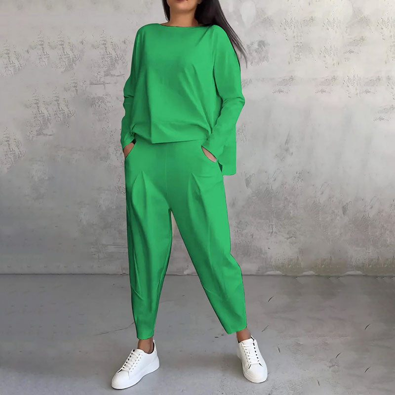 🔥Conjunto de 2 piezas de top y pantalón con cuello redondo y mangas largas