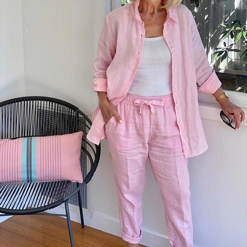 🌿 Nuevo lanzamiento en primavera 🌿 Conjunto de blusa y pantalón de manga larga de algodón y lino para mujer