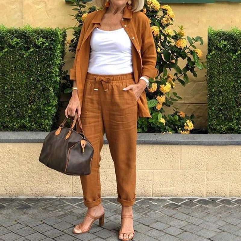 🌿 Nuevo lanzamiento en primavera 🌿 Conjunto de blusa y pantalón de manga larga de algodón y lino para mujer