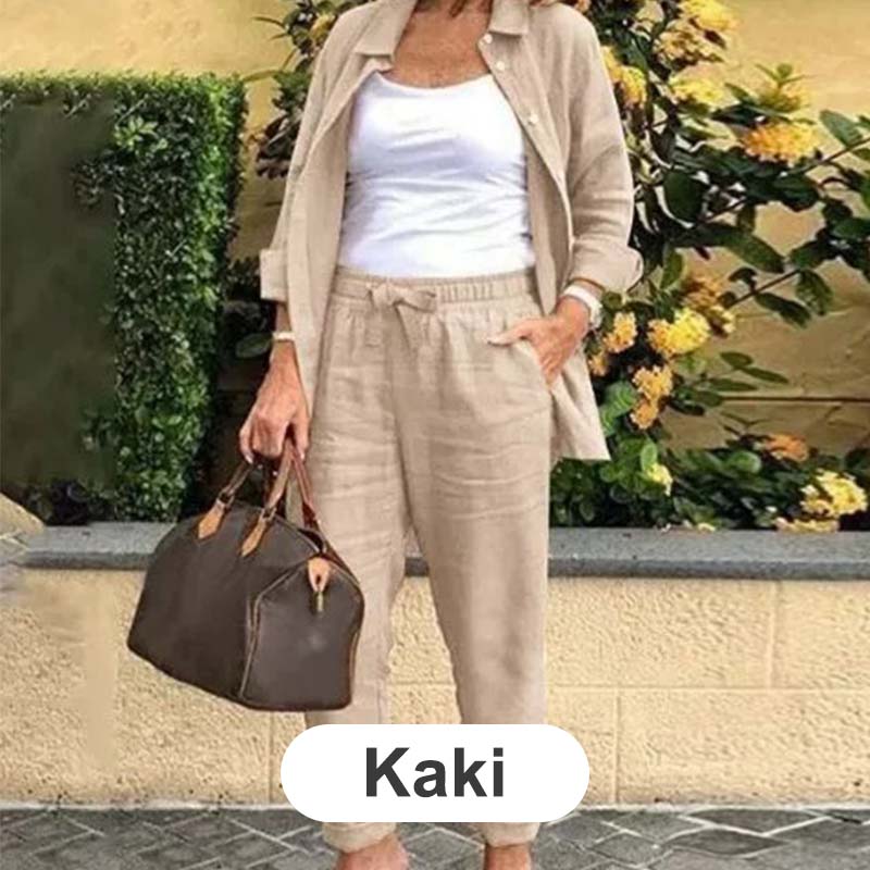 🌿 Nuevo lanzamiento en primavera 🌿 Conjunto de blusa y pantalón de manga larga de algodón y lino para mujer