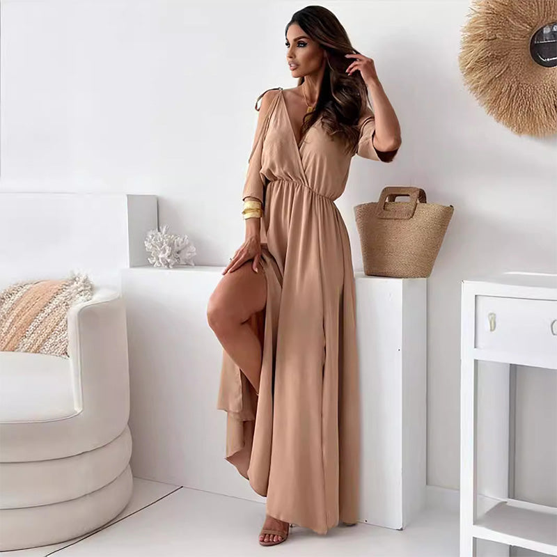 💯Elegante y sexy vestido con escote en V y abertura lateral para mujer.