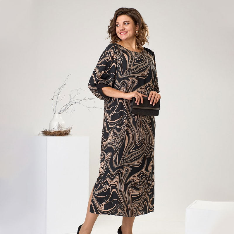 🍂Especiales de otoño🍂Vestido largo de manga tres cuartos con estampado de mármol