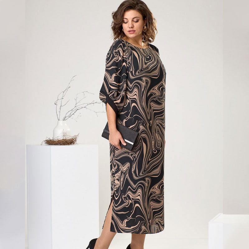 🍂Especiales de otoño🍂Vestido largo de manga tres cuartos con estampado de mármol
