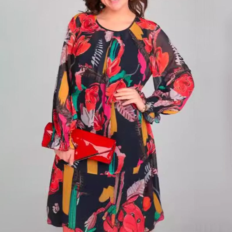 Vestido ligero de manga larga con un escote circular y un patrón de flores