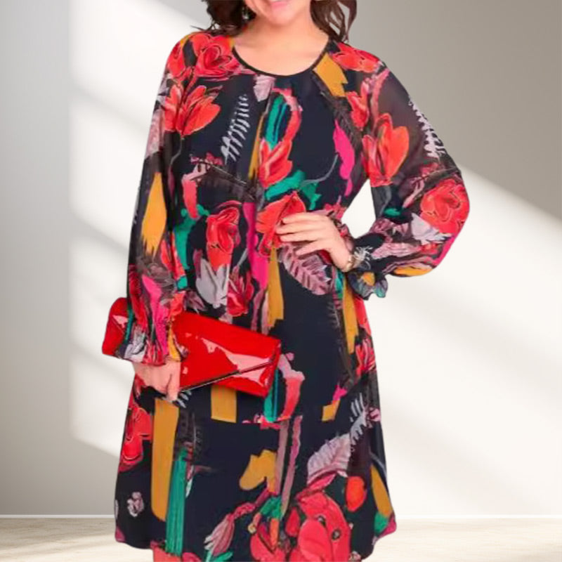 Vestido ligero de manga larga con un escote circular y un patrón de flores