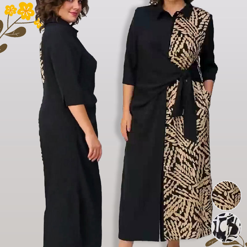 👗Vestido con estampado de bloques de color, mangas 3/4, solapas y abertura👗