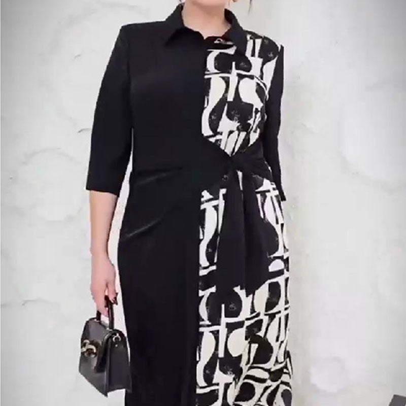 👗Vestido con estampado de bloques de color, mangas 3/4, solapas y abertura👗