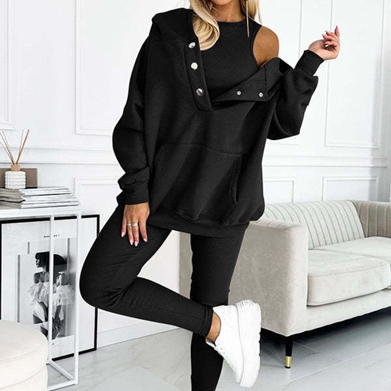 2024 Sportliches Damen Sweatshirt mit Kapuze + Slim Fit Weste + Hose 3er Set