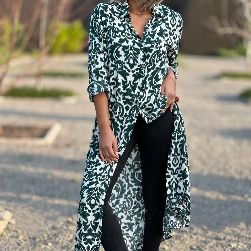 Langärmeliges Kleid mit Revers und Blumendruck für Frauen