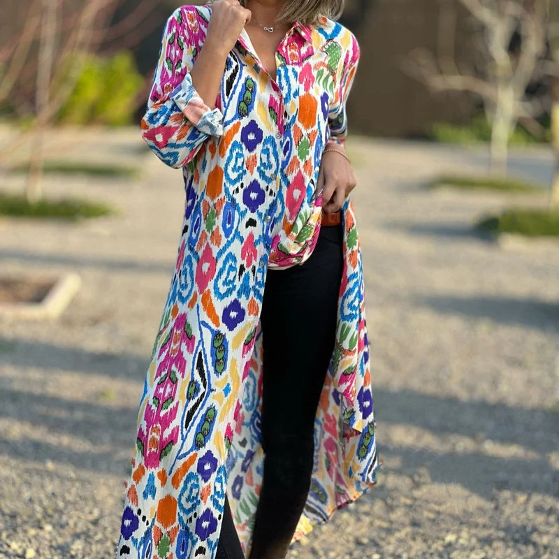 Langärmeliges Kleid mit Revers und Blumendruck für Frauen