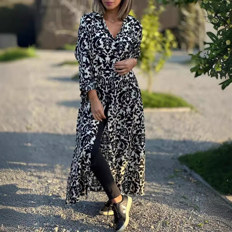 Langärmeliges Kleid mit Revers und Blumendruck für Frauen