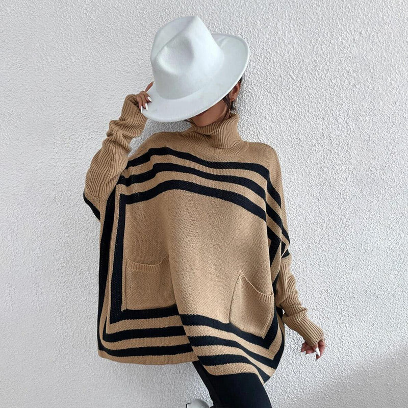 Frühzeitiger Weihnachtsverkauf 🎅Gestrickter Rollkragenpullover mit Fledermausärmeln und Streifen für Damen