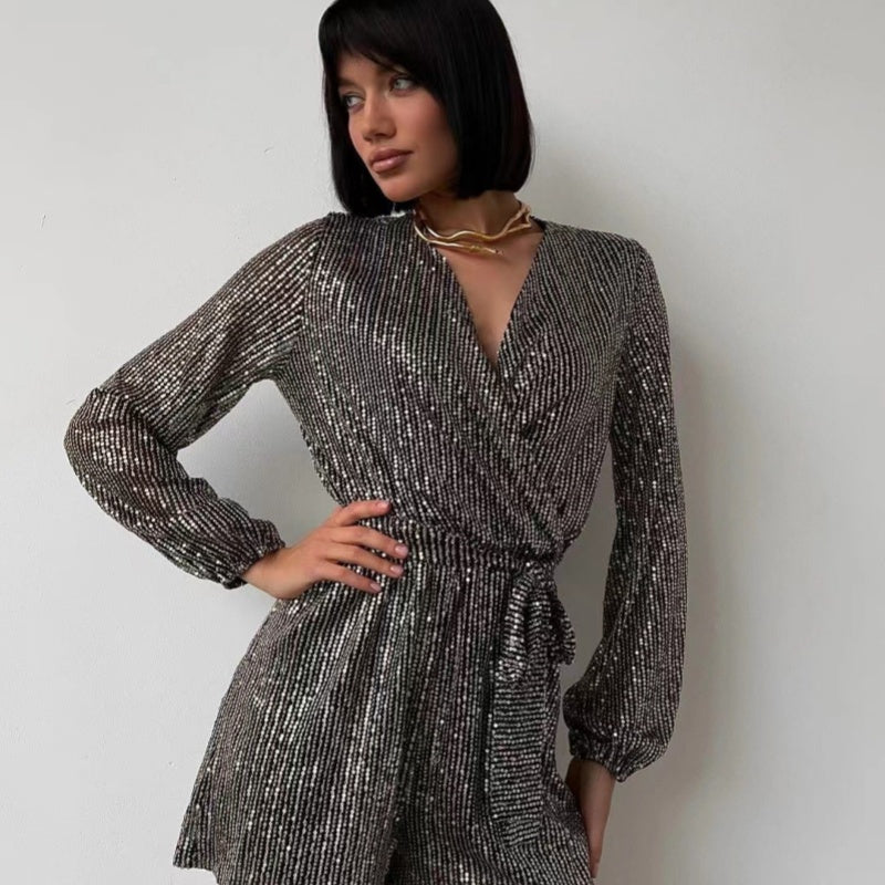 🌟Herbst/Winter-Ausverkauf🎁Paillettenbesetztes langärmeliges einteiliges Shorts-Set