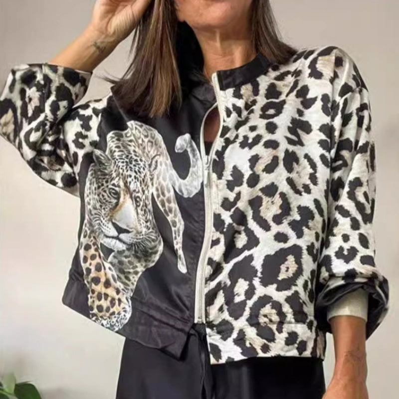 Bomberjacke mit Leopardenmuster, Reißverschluss und Kordelzug am Saum
