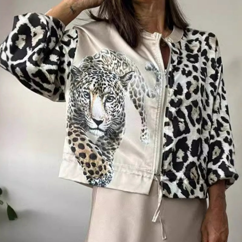 Bomberjacke mit Leopardenmuster, Reißverschluss und Kordelzug am Saum