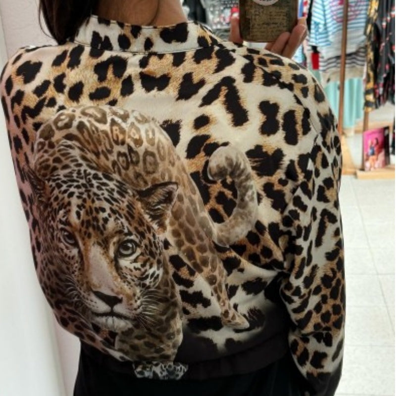 Bomberjacke mit Leopardenmuster, Reißverschluss und Kordelzug am Saum