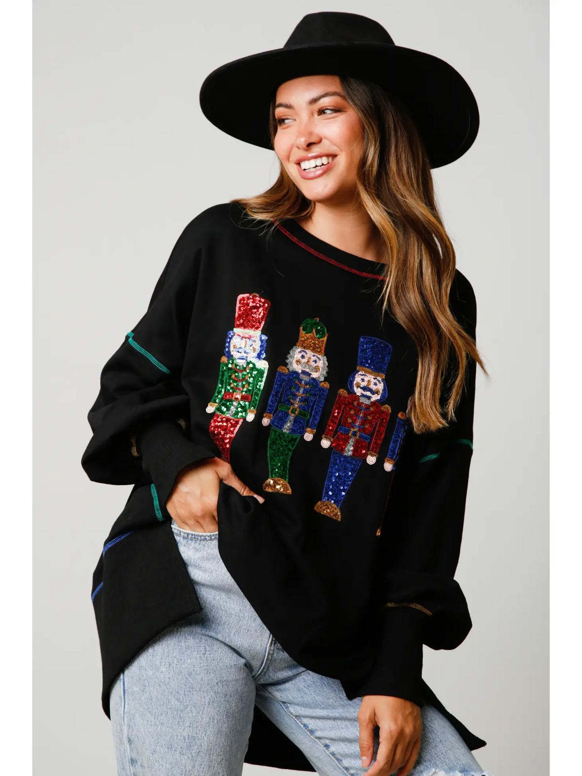 🔥Black Friday Sale🔥Christmas sequin print crew neck long sleeve sweatshirt