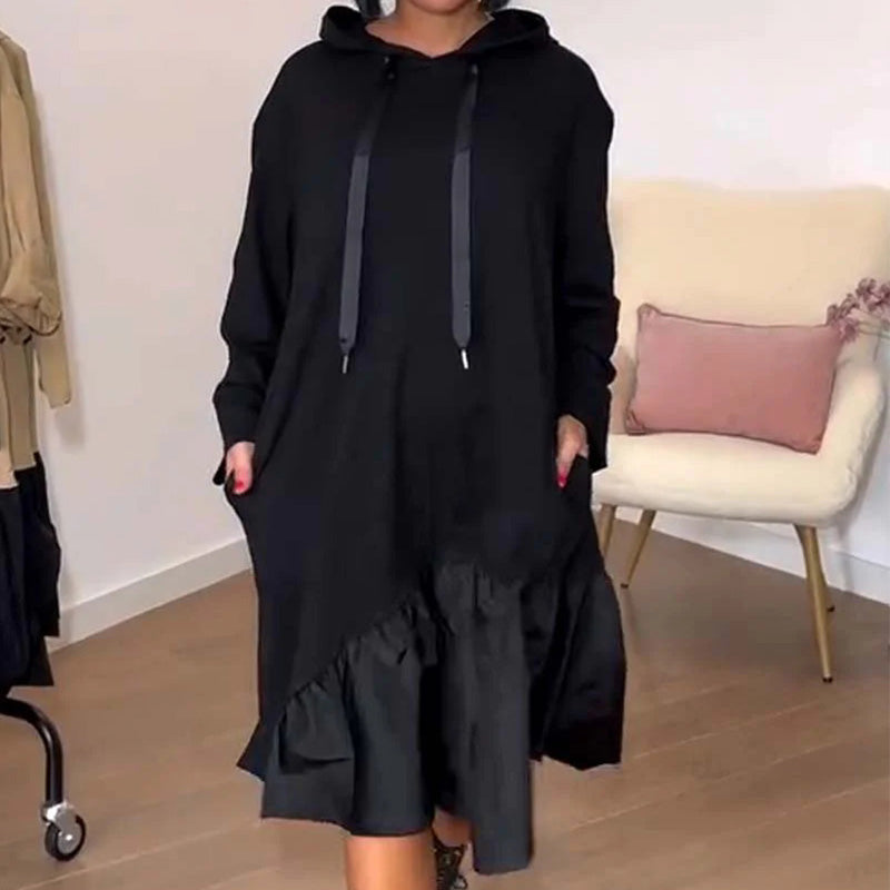 🎅Weihnachtsaktion 50% Rabatt🎄Stylisches, locker sitzendes Kleid mit gerüschtem Saum und Kapuze für Frauen