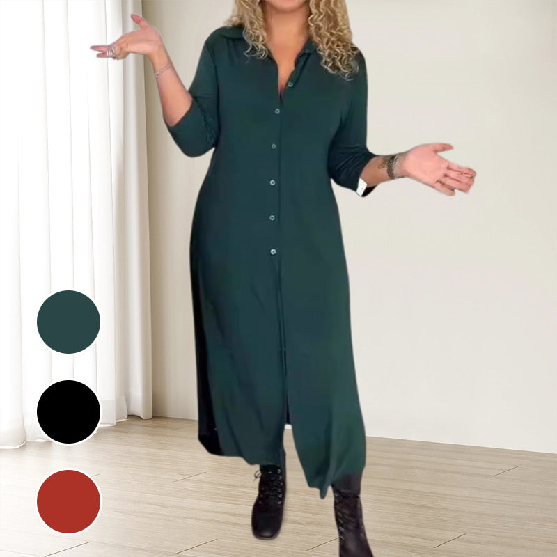 🎁Especiales de Navidad🔥Vestido de solapa de manga larga con botones