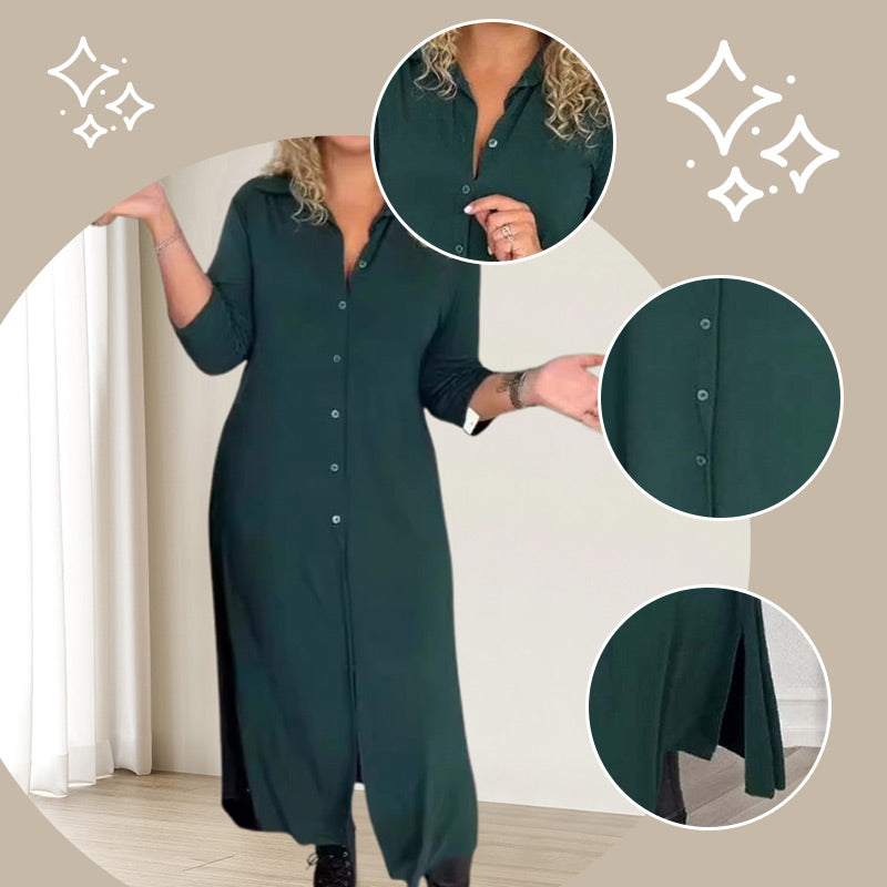 🎁Especiales de Navidad🔥Vestido de solapa de manga larga con botones