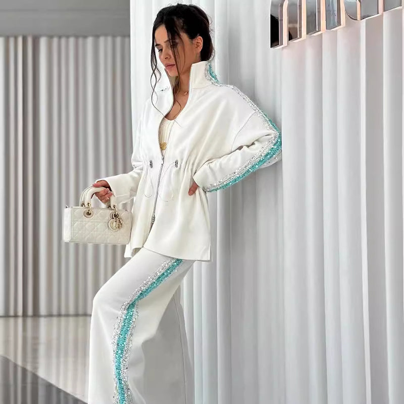 🩵Elegante top con ribete de lentejuelas y pantalón de corte ancho para mujer