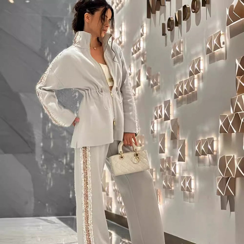 🩵Elegante top con ribete de lentejuelas y pantalón de corte ancho para mujer