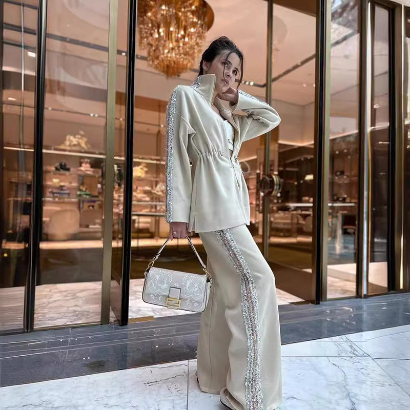🩵Elegante top con ribete de lentejuelas y pantalón de corte ancho para mujer