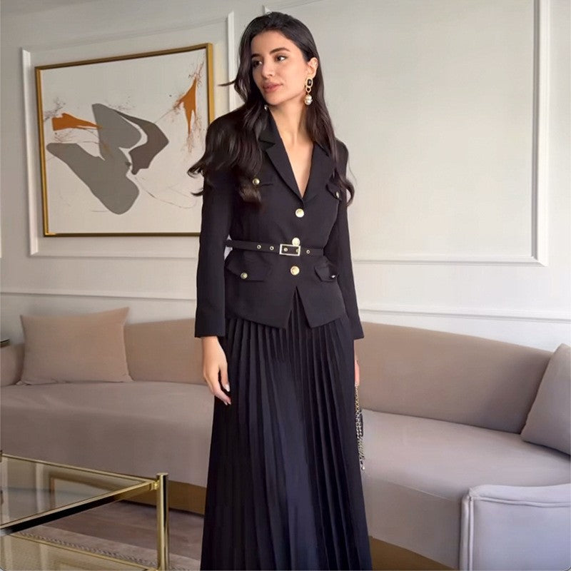 🎄Weihnachts-Specials 50% RABATT🎄Zweiteiliges Set aus Reversblazer und Faltenrock für Damen (mit Gürtel)