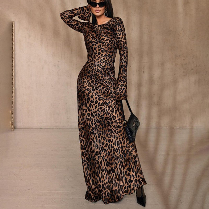 Sexy Kleid mit Leopardenmuster, Rundhalsausschnitt & extra langen Ärmeln für Damen