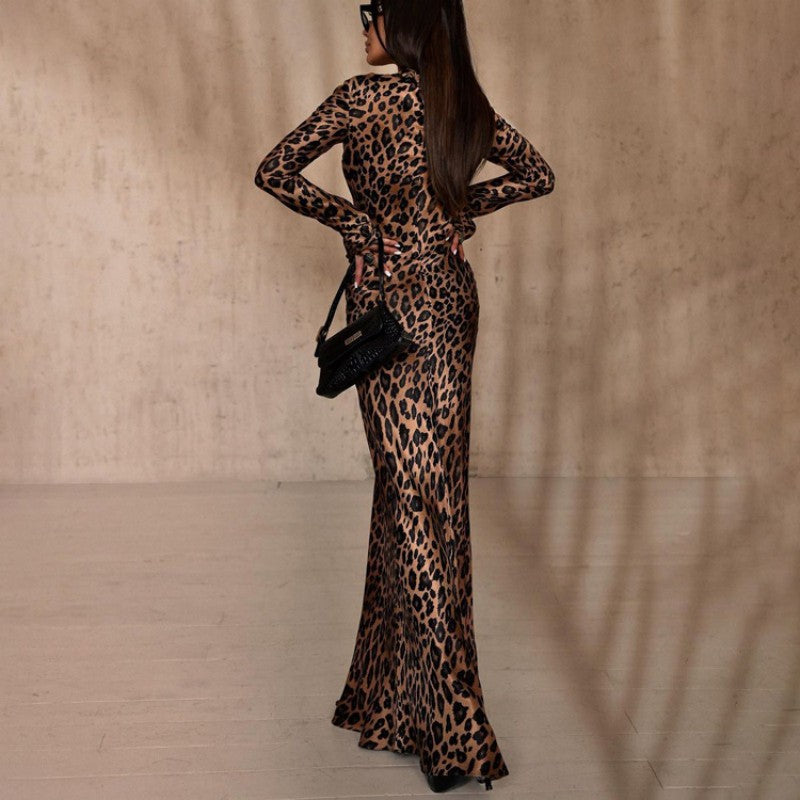 Sexy Kleid mit Leopardenmuster, Rundhalsausschnitt & extra langen Ärmeln für Damen