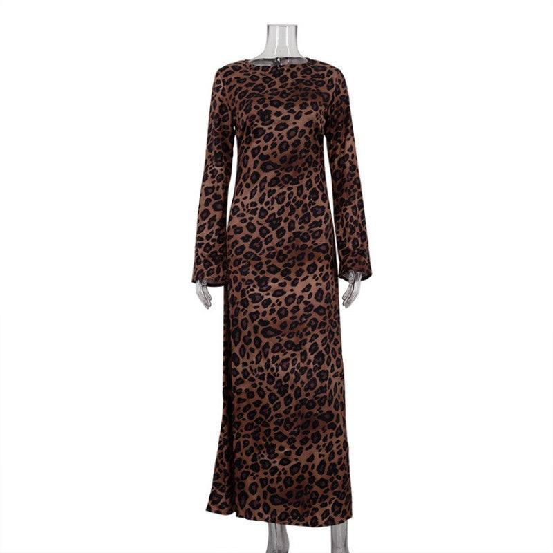Sexy Kleid mit Leopardenmuster, Rundhalsausschnitt & extra langen Ärmeln für Damen