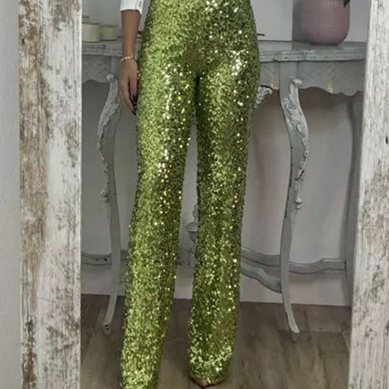 Schlanke Stretch-Schlaghose mit hoher Taille, Pailletten für Damen