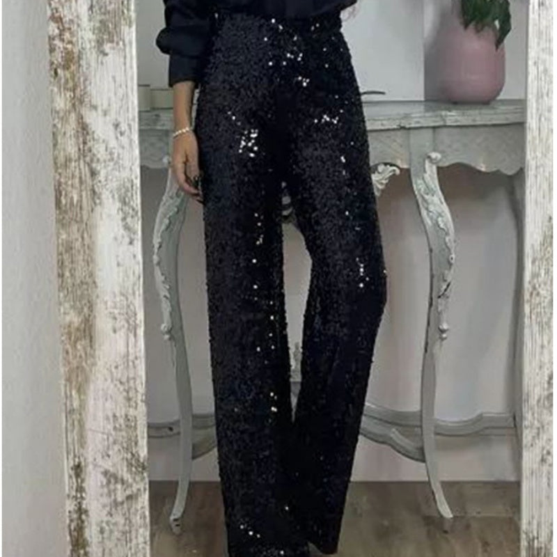 Schlanke Stretch-Schlaghose mit hoher Taille, Pailletten für Damen