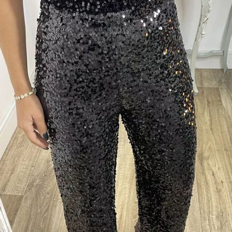 Schlanke Stretch-Schlaghose mit hoher Taille, Pailletten für Damen