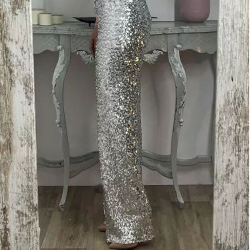 Schlanke Stretch-Schlaghose mit hoher Taille, Pailletten für Damen