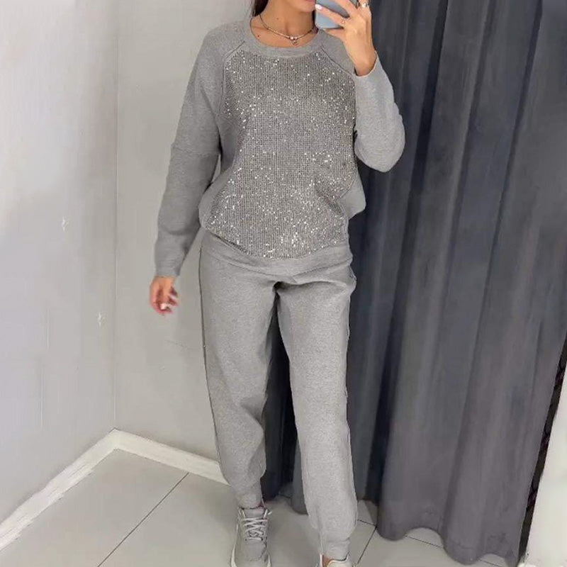Bis zu 50% Rabatt!!🔥Damen Glitter Rhinestone Sweatshirt & Casual Hose 2-teiliges Set