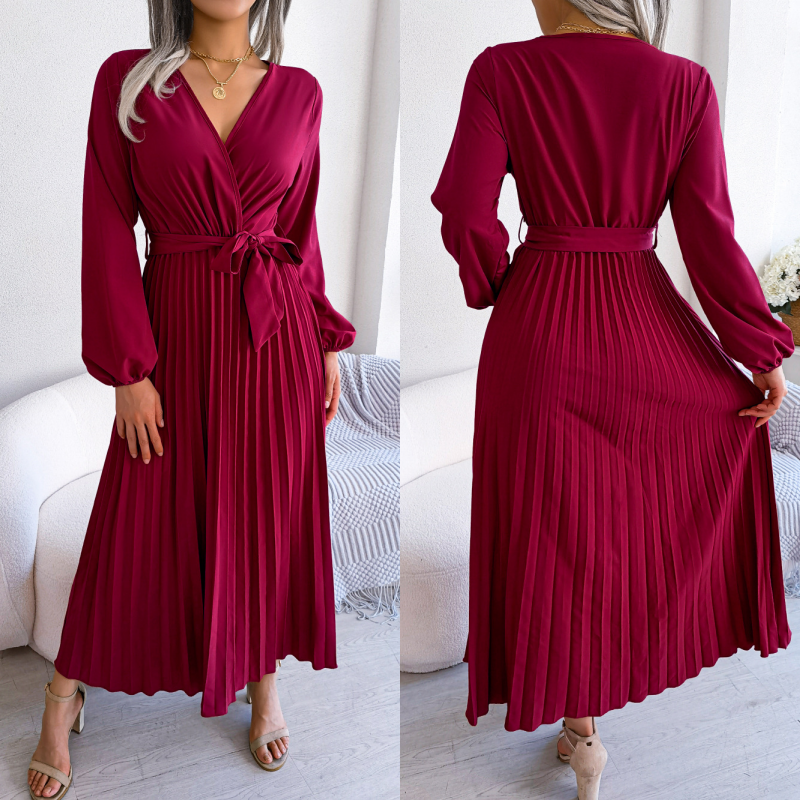 Langes plissiertes Wickelkleid mit Bindegürtel für Damen