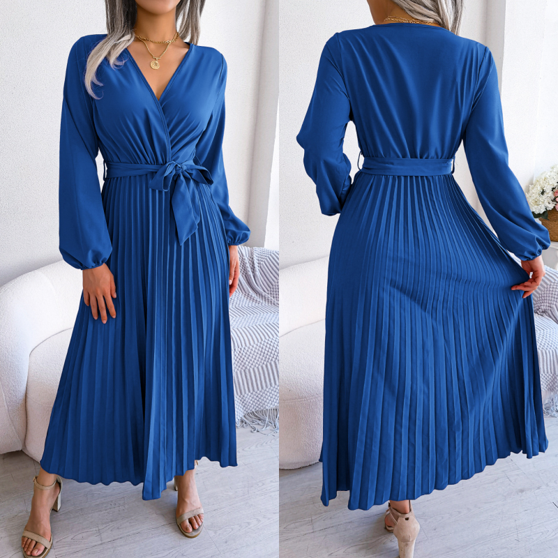 Langes plissiertes Wickelkleid mit Bindegürtel für Damen