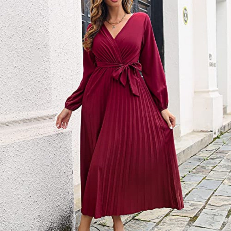 Langes plissiertes Wickelkleid mit Bindegürtel für Damen